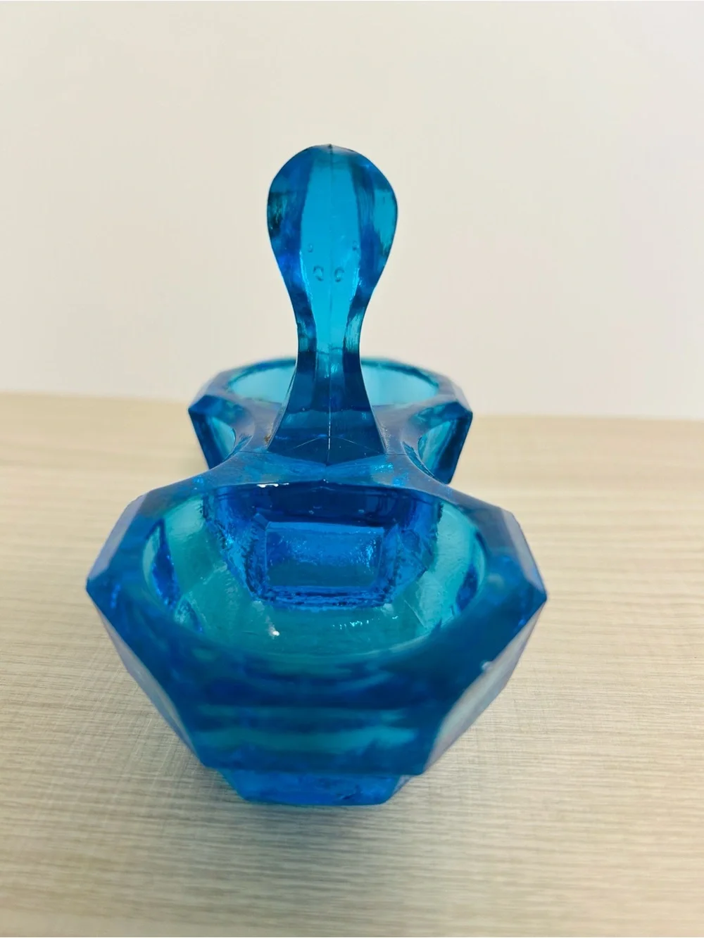 Vintage Art Deco Blue Glass Salt & Pepper Cellar Stand - Double Pinch Dip Stand